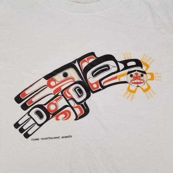 VTG 1986 Northwest Earth Aztec Art Single Stitch Shirt Sz Lg USA Made STAINED - Picture 2 of 12